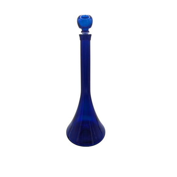 Cobalt Blue Mid Century Glass Decanter /Genie Bottle With Plastic Tip Stopper 15 - Picture 8 of 9